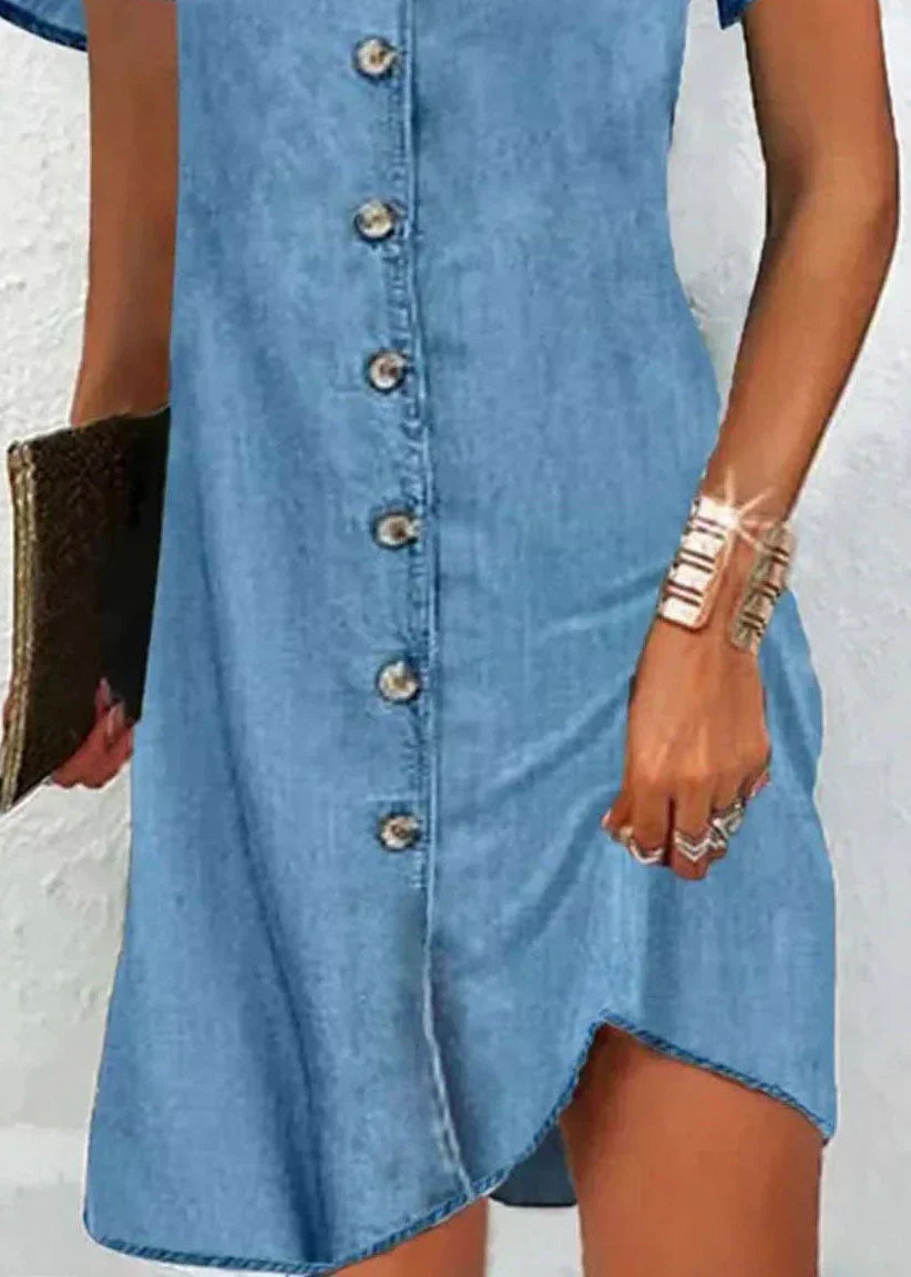 ND | robe bleue simple en denim patchwork à col en V et à manches courtes