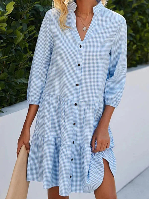 ND | Robe chemise ample en ligne A, à carreaux, avec encolure partagée, dos nu et fermeture à boutons