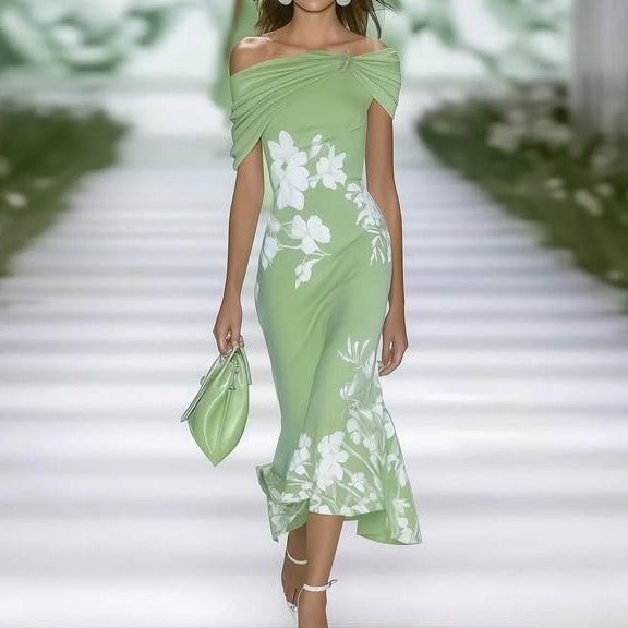 EP | Robe midi pour femme - épaules nues - cintrée - imprimé fleuri - mélange respirant