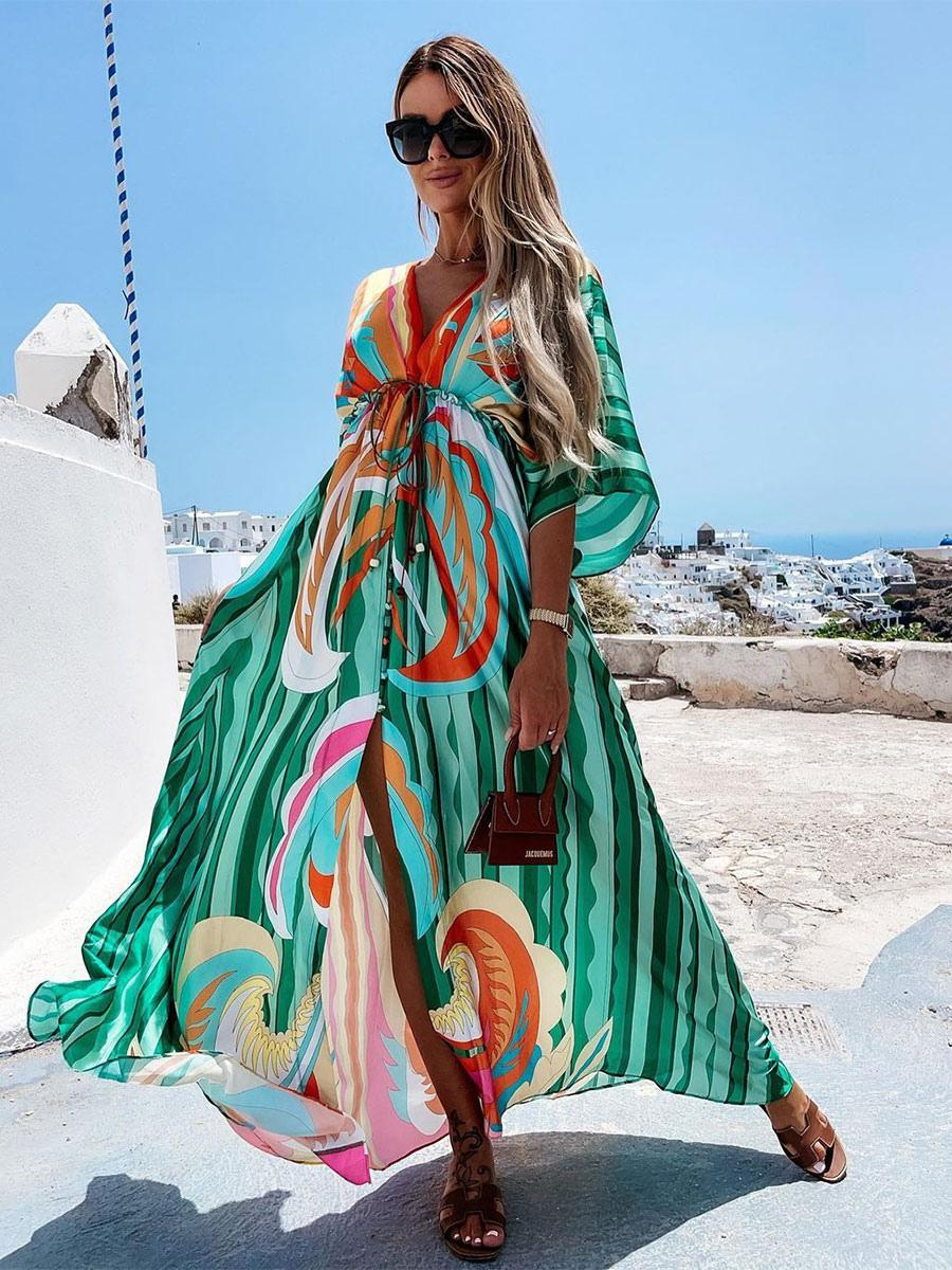 ND | Robe de plage boho avec décolleté en cœur, manches chauve-souris, coupe longue et imprimé