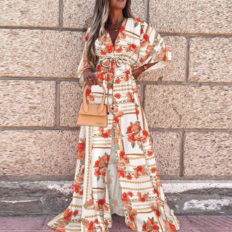 ND | Robe de plage boho avec décolleté en cœur, manches chauve-souris, coupe longue et imprimé