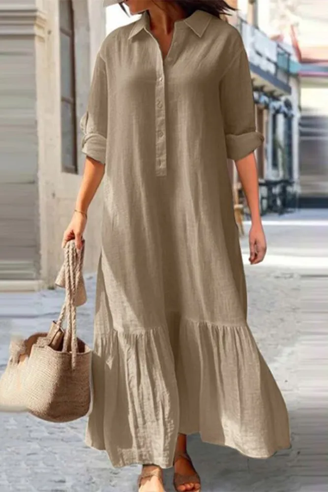 ND | Vintage décontracté solide bouton volant col rabattu robes chemise