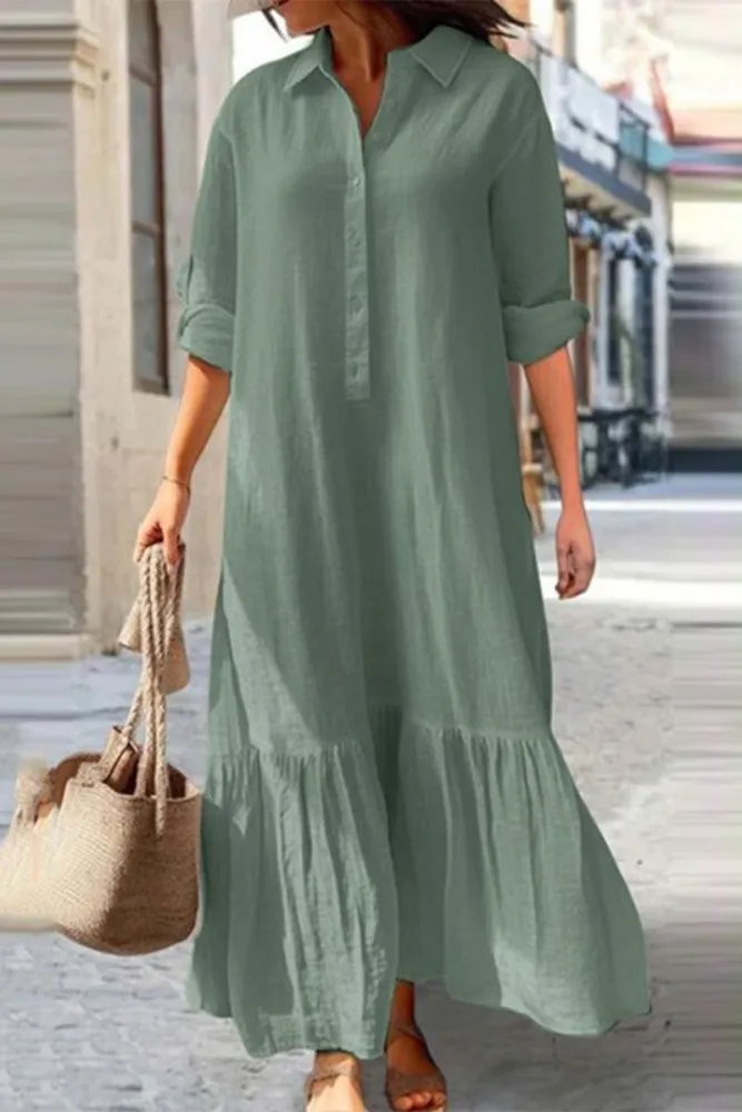 ND | Vintage décontracté solide bouton volant col rabattu robes chemise