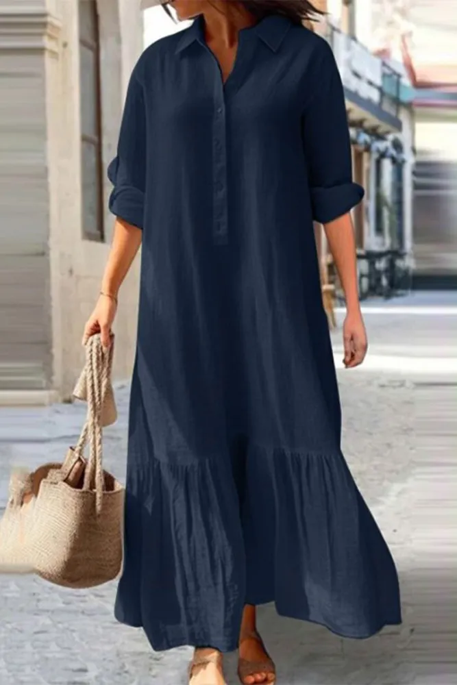 ND | Vintage décontracté solide bouton volant col rabattu robes chemise