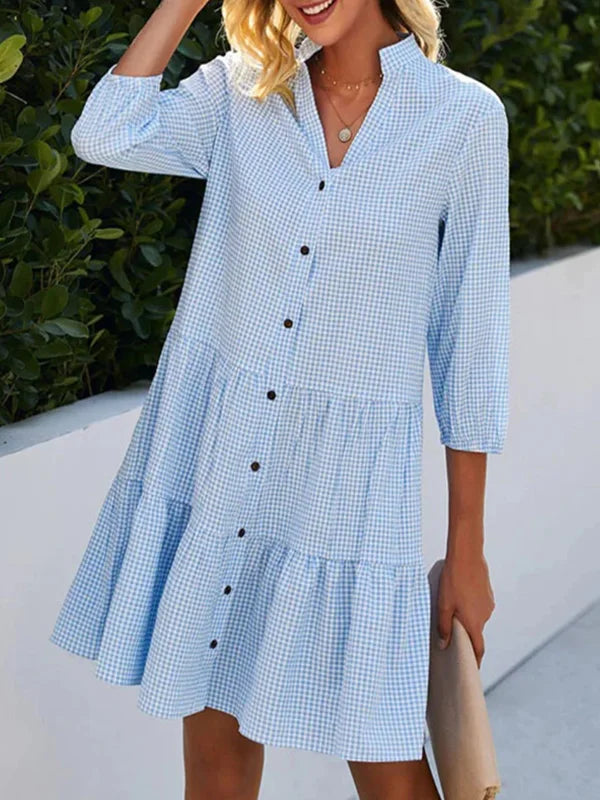 ND | Robe chemise ample en ligne A, à carreaux, avec encolure partagée, dos nu et fermeture à boutons