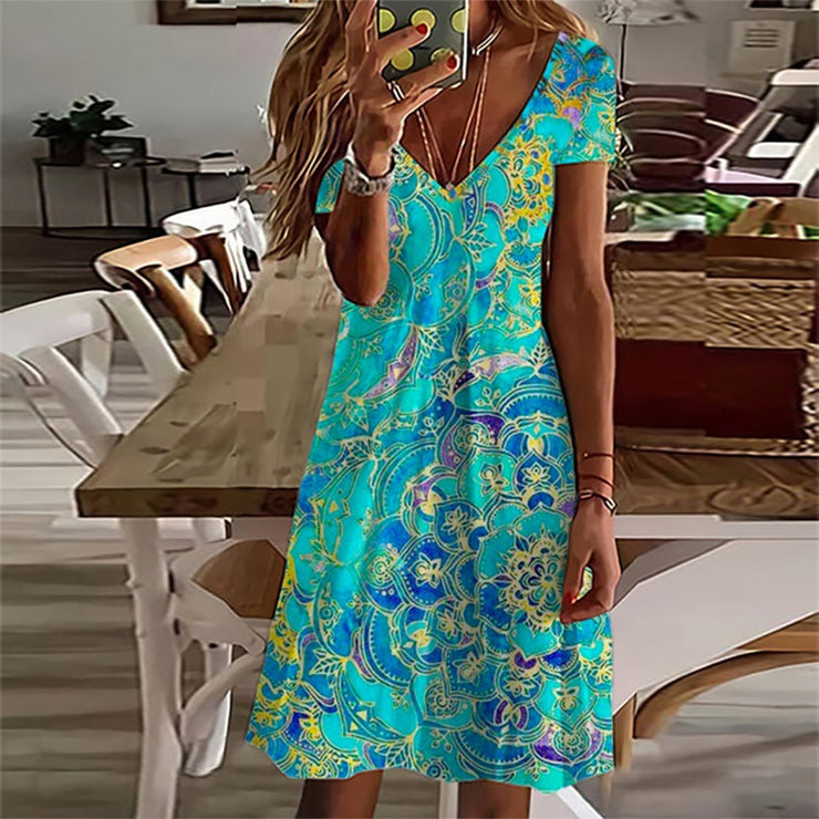 ND | Mini-robe bleu océan à manches courtes et à la longueur du genou, imprimée de mandalas