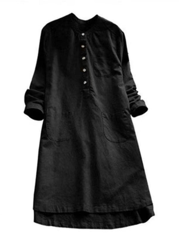 EP | Nouvelle couleur solide col Henley bouton ouvert chemise à manches longues de style robe midi