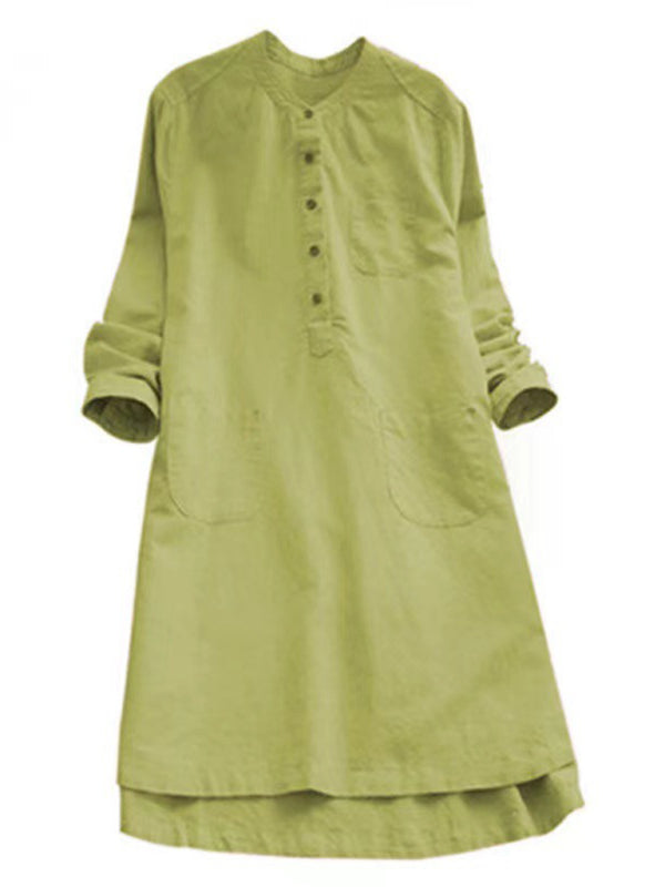 EP | Nouvelle couleur solide col Henley bouton ouvert chemise à manches longues de style robe midi