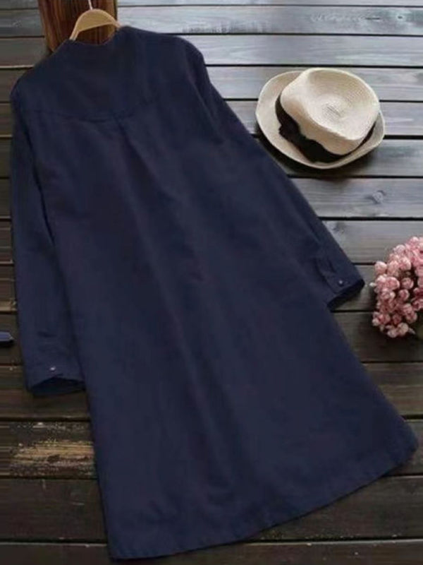 EP | Nouvelle couleur solide col Henley bouton ouvert chemise à manches longues de style robe midi