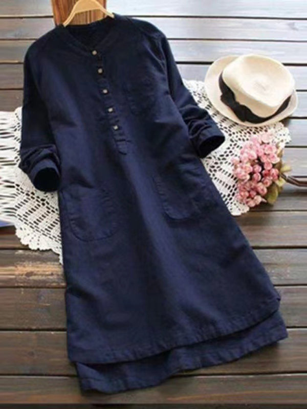 EP | Nouvelle couleur solide col Henley bouton ouvert chemise à manches longues de style robe midi