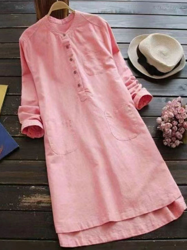 EP | Nouvelle couleur solide col Henley bouton ouvert chemise à manches longues de style robe midi