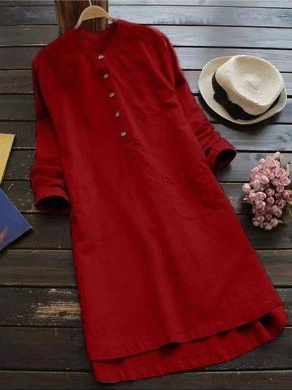 EP | Nouvelle couleur solide col Henley bouton ouvert chemise à manches longues de style robe midi
