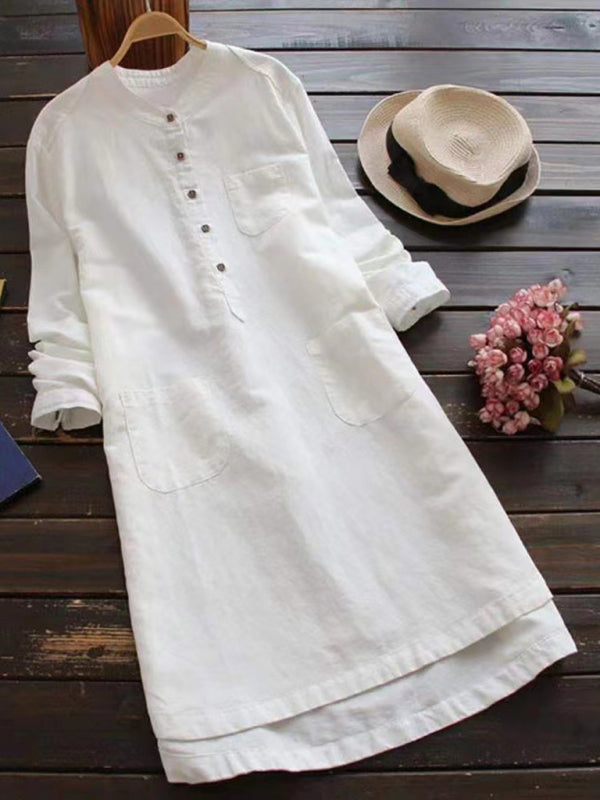 EP | Nouvelle couleur solide col Henley bouton ouvert chemise à manches longues de style robe midi