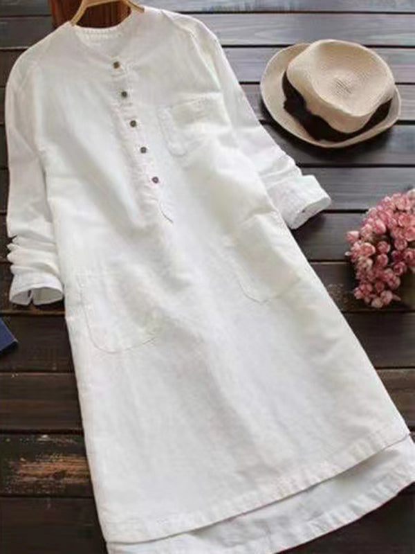 EP | Nouvelle couleur solide col Henley bouton ouvert chemise à manches longues de style robe midi