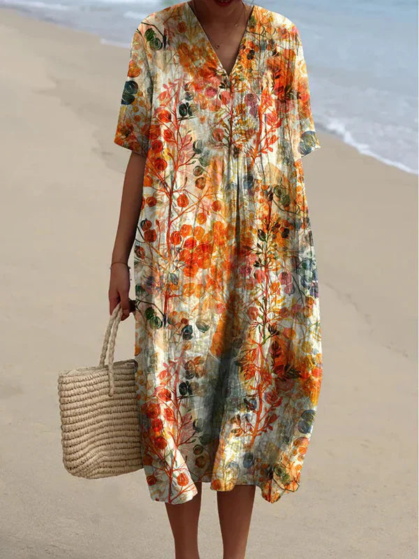 ND | rétro imprimé floral col V élégante chic robe ample mi-longue à manches courtes