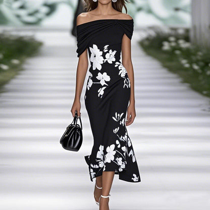 EP | Robe midi pour femme - épaules nues - cintrée - imprimé fleuri - mélange respirant