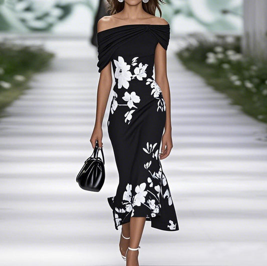 EP | Robe midi pour femme - épaules nues - cintrée - imprimé fleuri - mélange respirant
