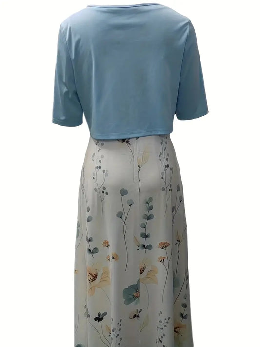 EP | ensemble élégant de robe à fleurs deux pièces avec crop top uni et robe à col rond