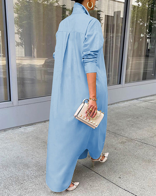 EP | Bouton Bas Maxi Shirts Robe Manches Longues Col V Caftan Lâche Robe Longue Manteau