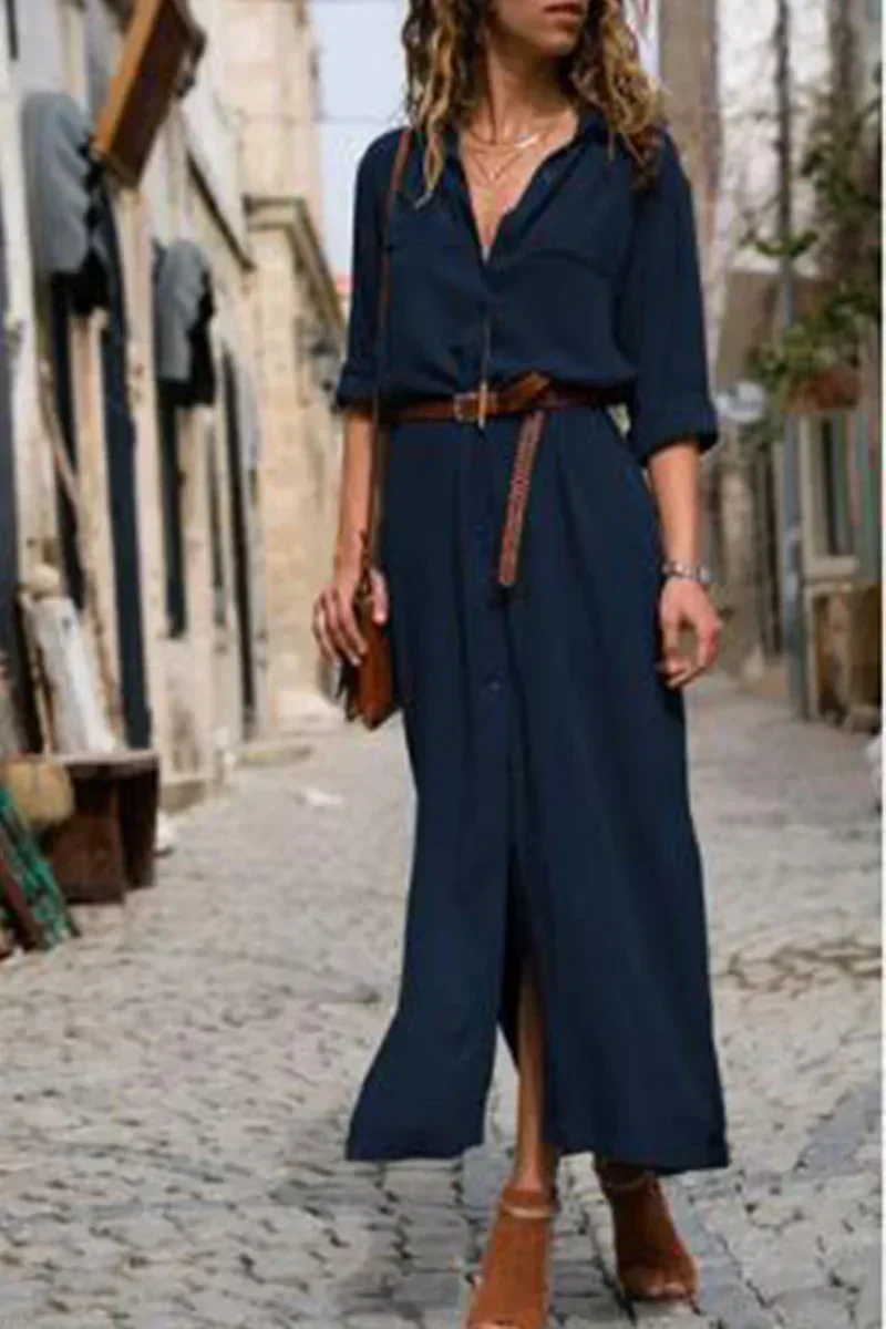 ND | Robe chemisier décontractée avec col rabattu et patchwork uni