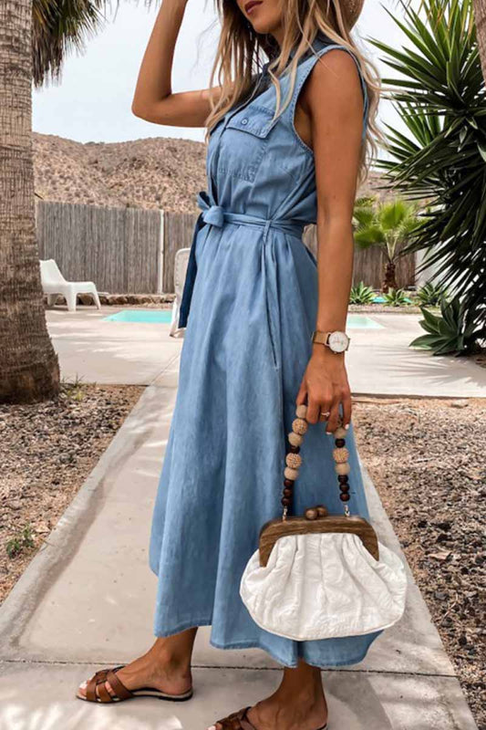 EP | Florcoo Robe midi en denim sans manches, lacée, à une seule rangée de boutons