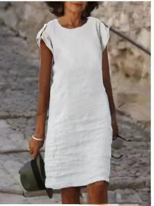 EP | Robe mi-longue pour femme en lin-coton multicolore sans manches avec encolure ronde