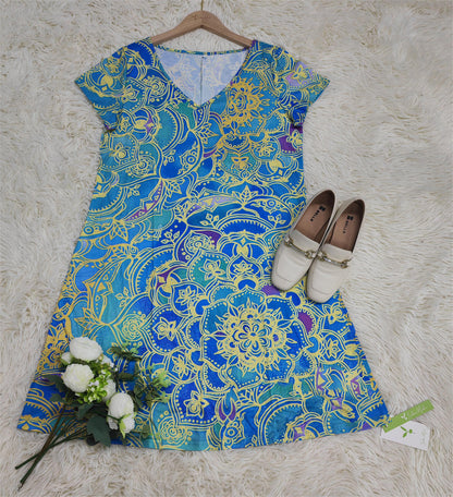 ND | Mini-robe bleu océan à manches courtes et à la longueur du genou, imprimée de mandalas