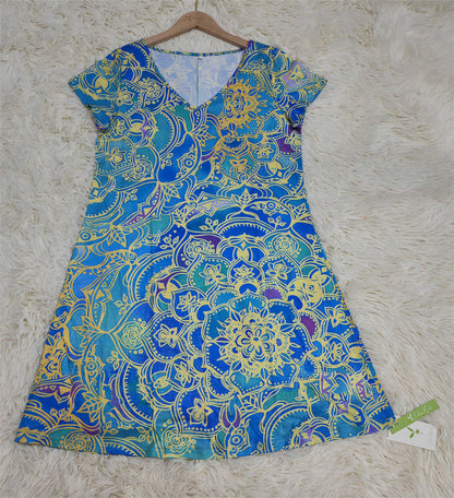 ND | Mini-robe bleu océan à manches courtes et à la longueur du genou, imprimée de mandalas