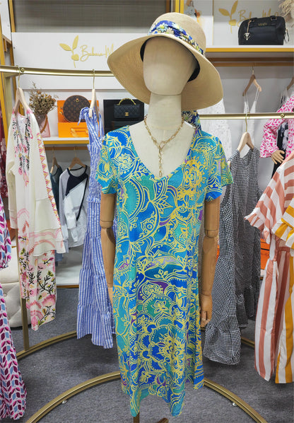 ND | Mini-robe bleu océan à manches courtes et à la longueur du genou, imprimée de mandalas