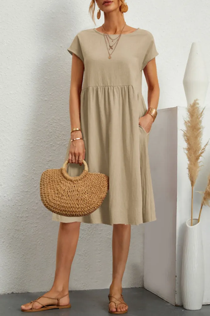 ND | Melanie - Robe patchwork unie décontractée à encolure en O et manches courtes en ligne A