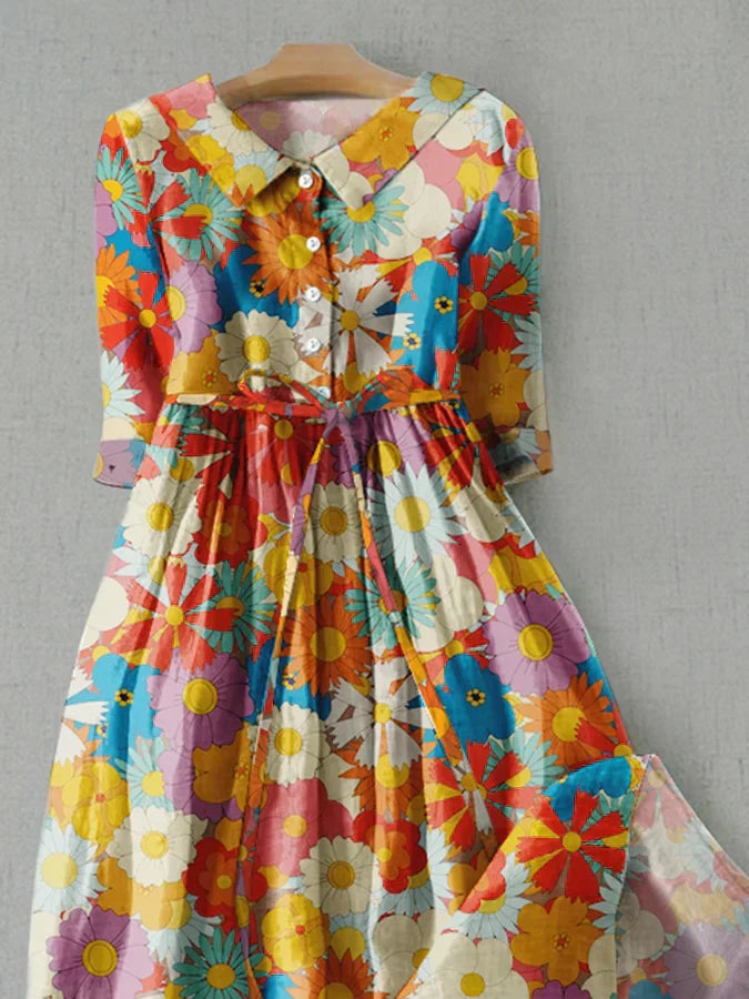 ND | Robe décontractée littéraire avec imprimé floral et cravate ample