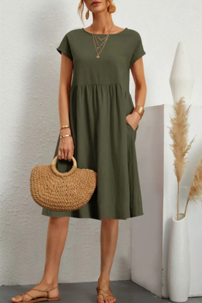 ND | Melanie - Robe patchwork unie décontractée à encolure en O et manches courtes en ligne A