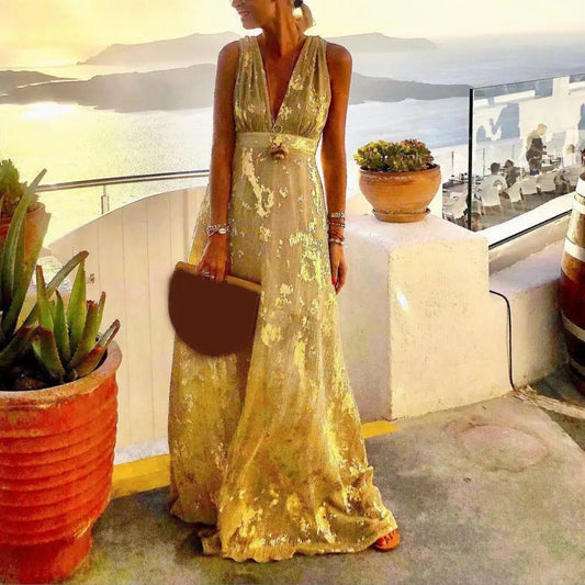 EP | Robe longue avec décolleté en V et paillettes dorées