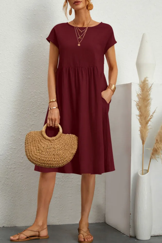 ND | Melanie - Robe patchwork unie décontractée à encolure en O et manches courtes en ligne A