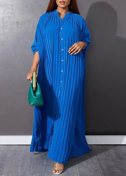 EP | Bleu Décolleté O Patte de boutonnage Vacances Robes Maxi Manches Longues
