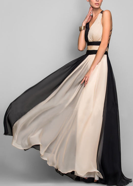 EP | French Colorblock col V patchwork maxi robes sans manches