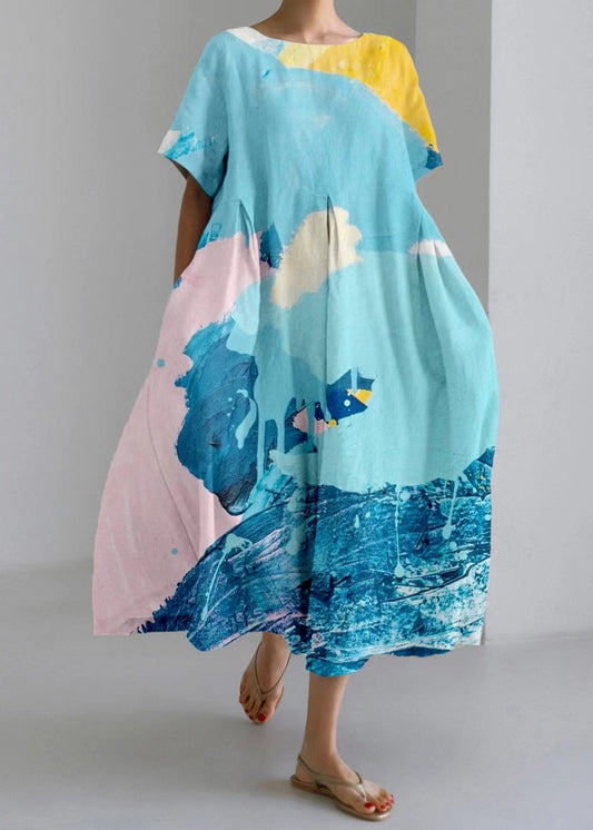 EP | Natural Blue O-Neck Print Robe longue à manches courtes