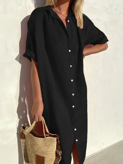 ND | Robe unie col V en lin et coton à la mode lin et coton