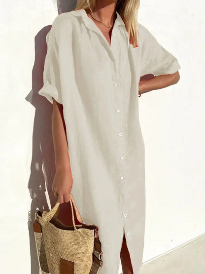 ND | Robe unie col V en lin et coton à la mode lin et coton