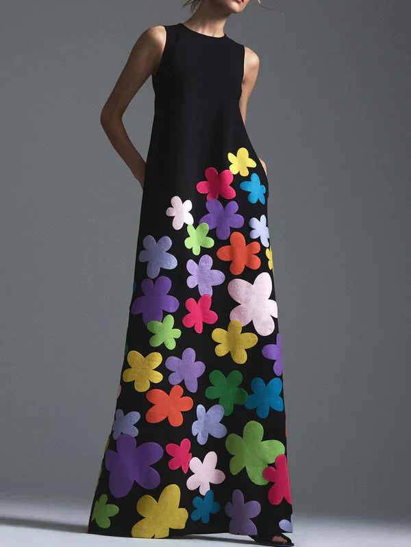 ND | Maxi-robe noire à imprimé floral et col rond