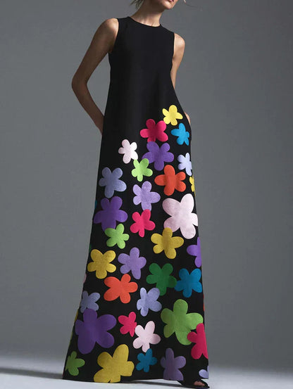 ND | Maxi-robe noire à imprimé floral et col rond