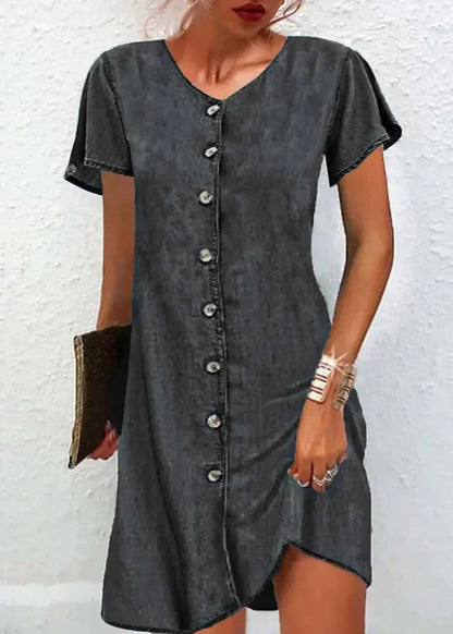 ND | robe bleue simple en denim patchwork à col en V et à manches courtes