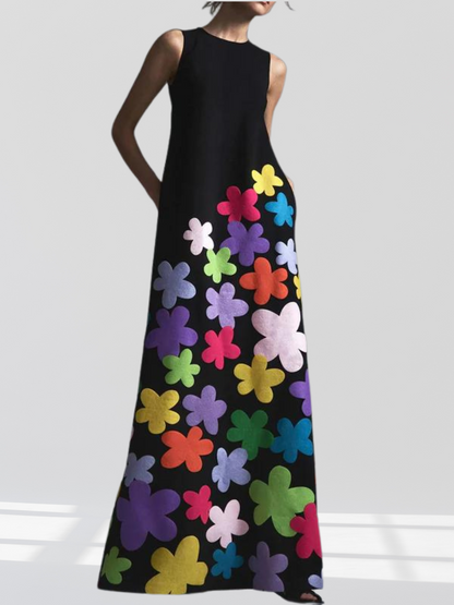 ND | Maxi-robe noire à imprimé floral et col rond