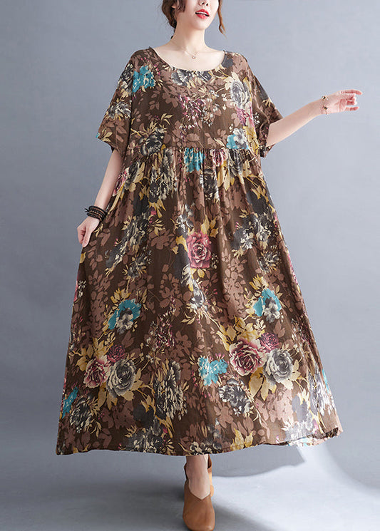 EP | Femmes Café Col O Imprimer Maxi Robe Manches Courtes