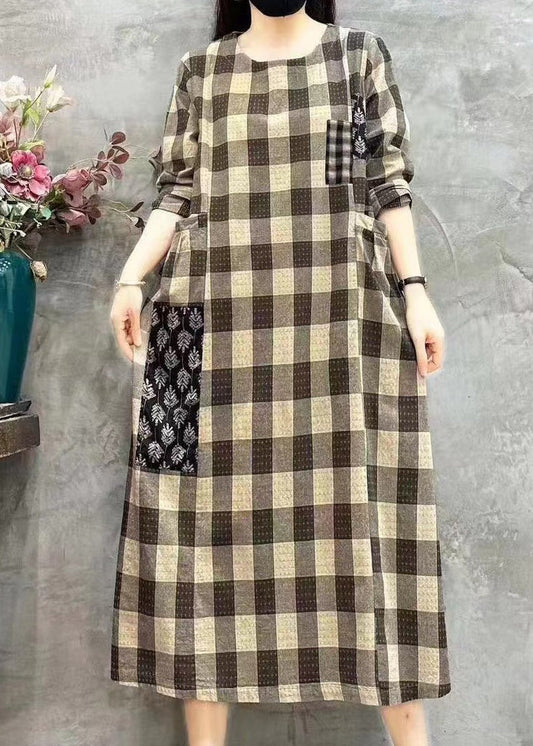 EP | Femmes carreaux clairs O-cou poches d'impression patchwork Maxi robe à manches longues