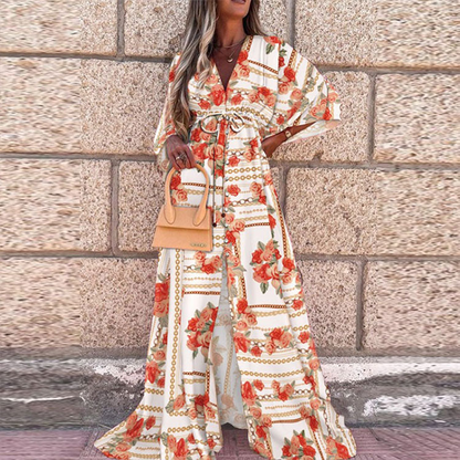 ND | Robe de plage boho avec décolleté en cœur, manches chauve-souris, coupe longue et imprimé