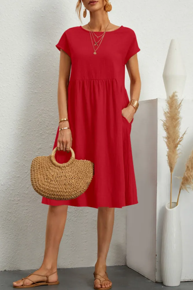 ND | Melanie - Robe patchwork unie décontractée à encolure en O et manches courtes en ligne A