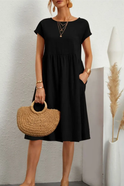 ND | Melanie - Robe patchwork unie décontractée à encolure en O et manches courtes en ligne A