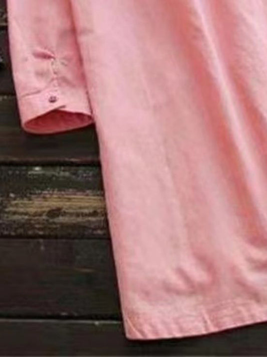 EP | Nouvelle couleur solide col Henley bouton ouvert chemise à manches longues de style robe midi