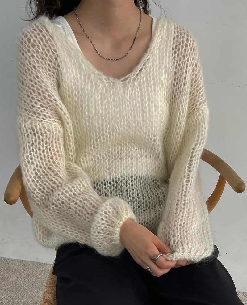 EP | Pull-over tricoté souple Hauts Col en V Manches longues Décontracté Mince Pull unicolore